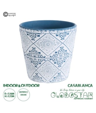 GloboStar® Artificial Garden CASABLANCA 20517 Διακοσμητικό Κεραμικό Κασπώ Γλάστρα - Flower Pot Λευκό με Μπλε Φ14 x Υ13cm